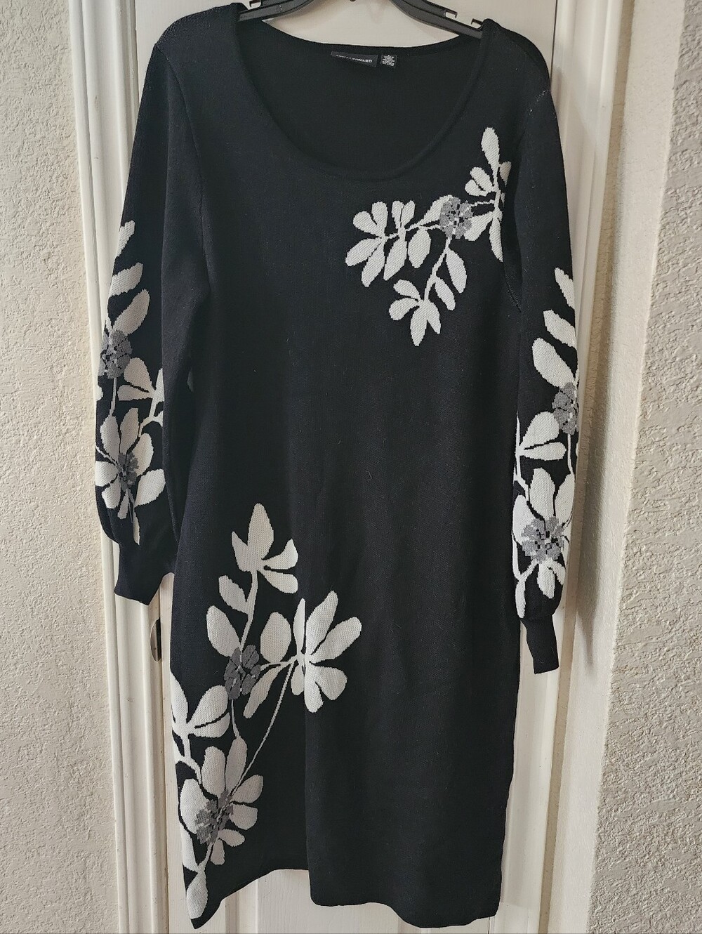Nina Leonard Black Knit Long Sleeve Dress with White Floral Accent